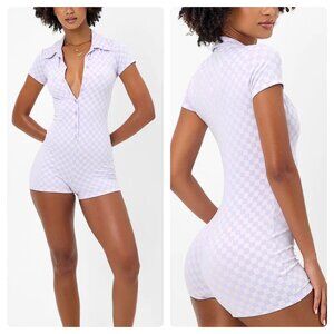 $145 Frankies Bikinis Rose Checkered Jacquard Button Front Playsuit Romper Sz S